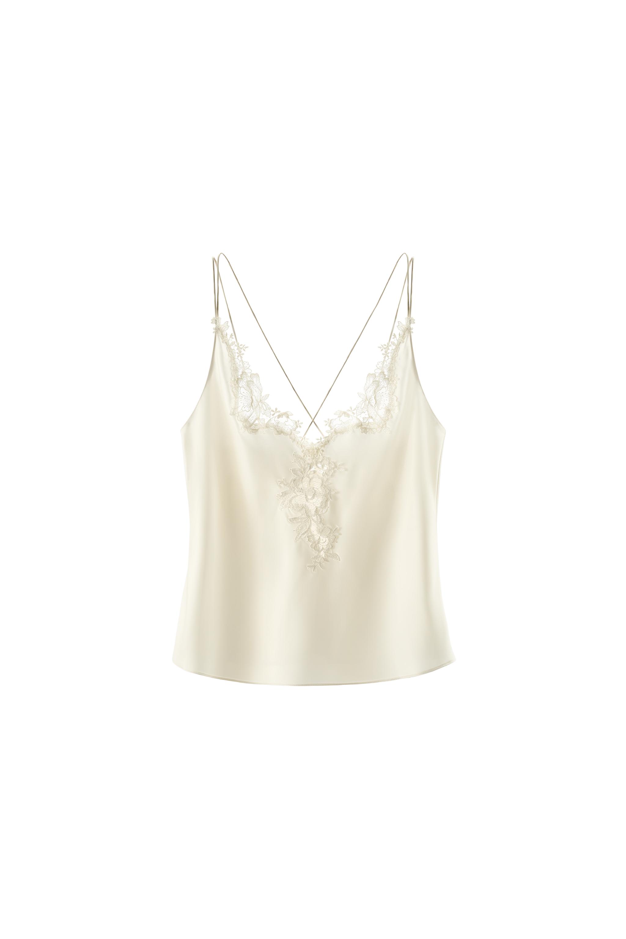 SATIN LACE-TRIM CROSS-STRAP TOP